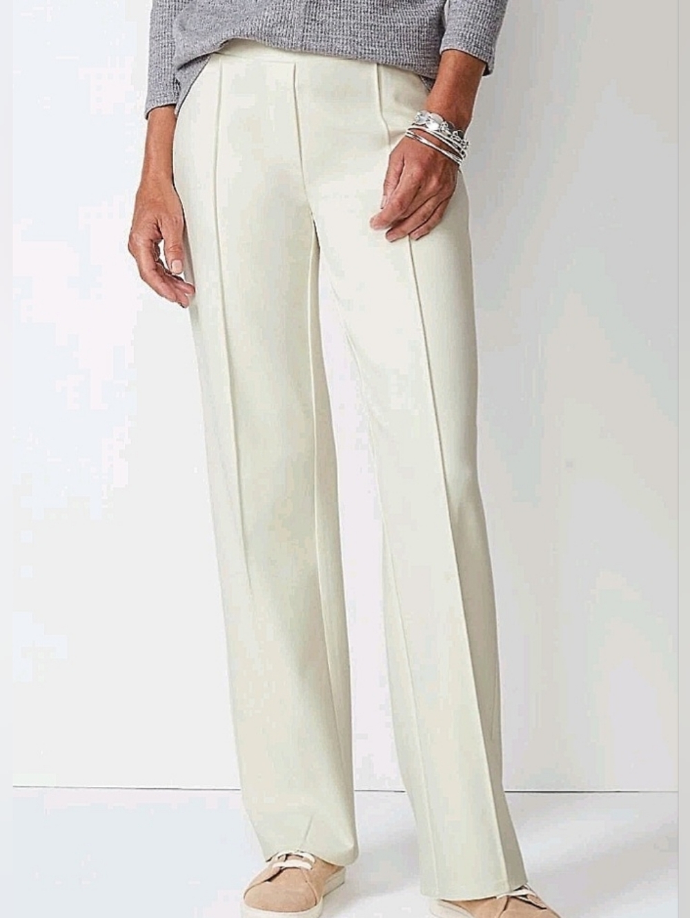 J. Jill Wearever Pull-on Stretch Jersey Ponte Pintuck Pants Sz Lg Cream Ivory